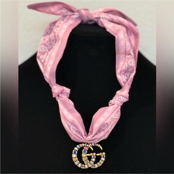Pink Bandana Necklace with Gold Guicci StampedPendant - Picture 1 of 4